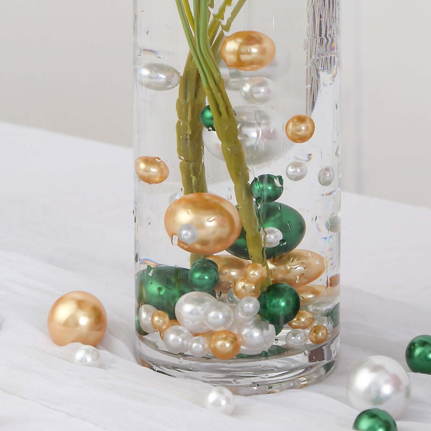 200Pcs Assorted Pearl Beads Vase Fillers in Green, Gold and White - Lustrous DIY Craft Bead Set