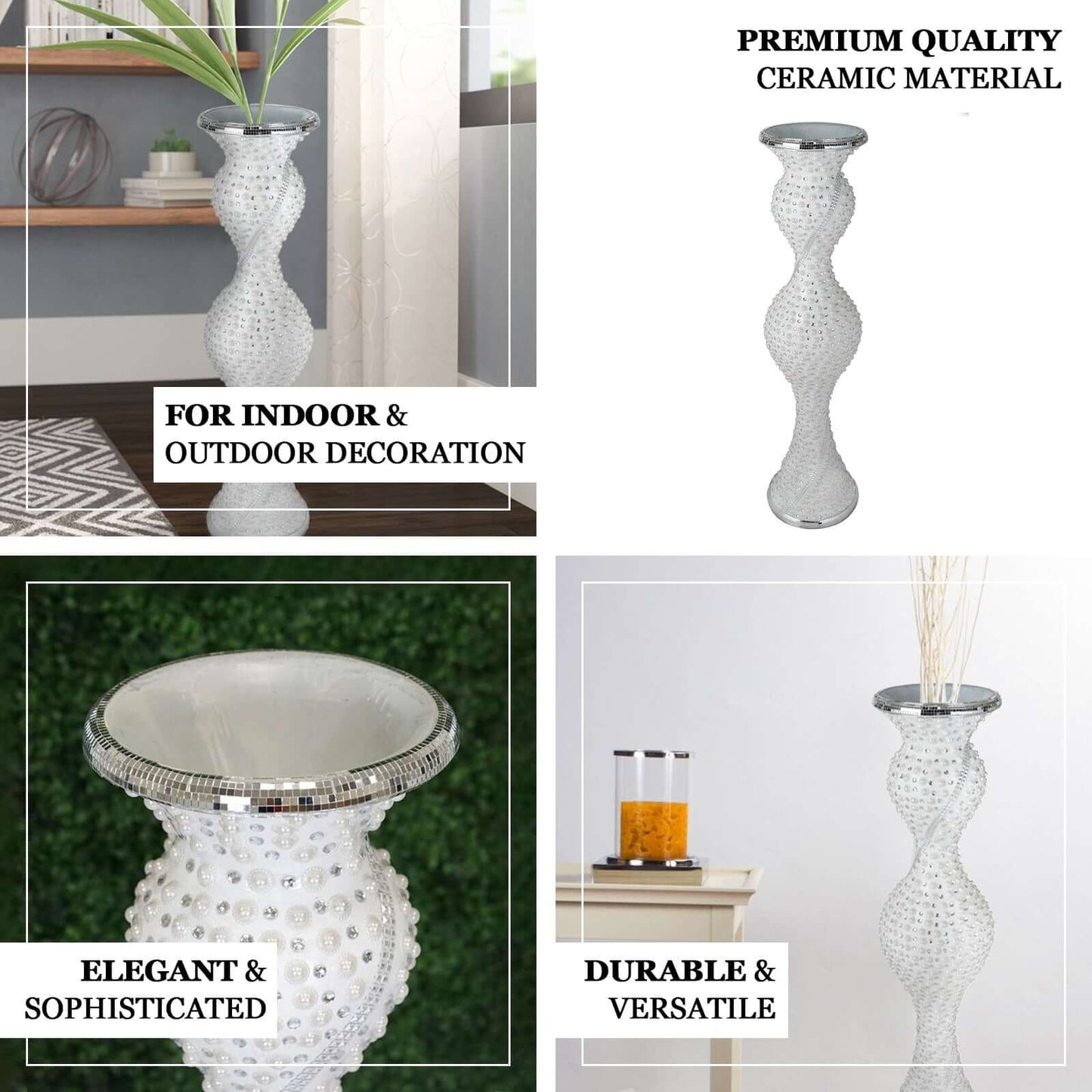 40" Magical Mermaid Style Mirror Mosaic and Pearl Studded Floor Vase