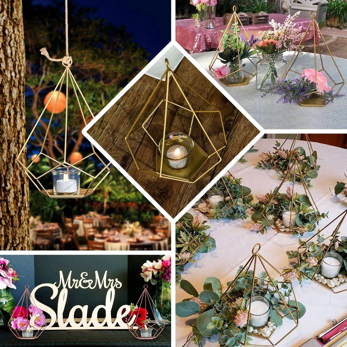 2-Pack Tealight Candle Holders Gold Metal Pentagon Geometric Open Frame - Flower Stand 9"