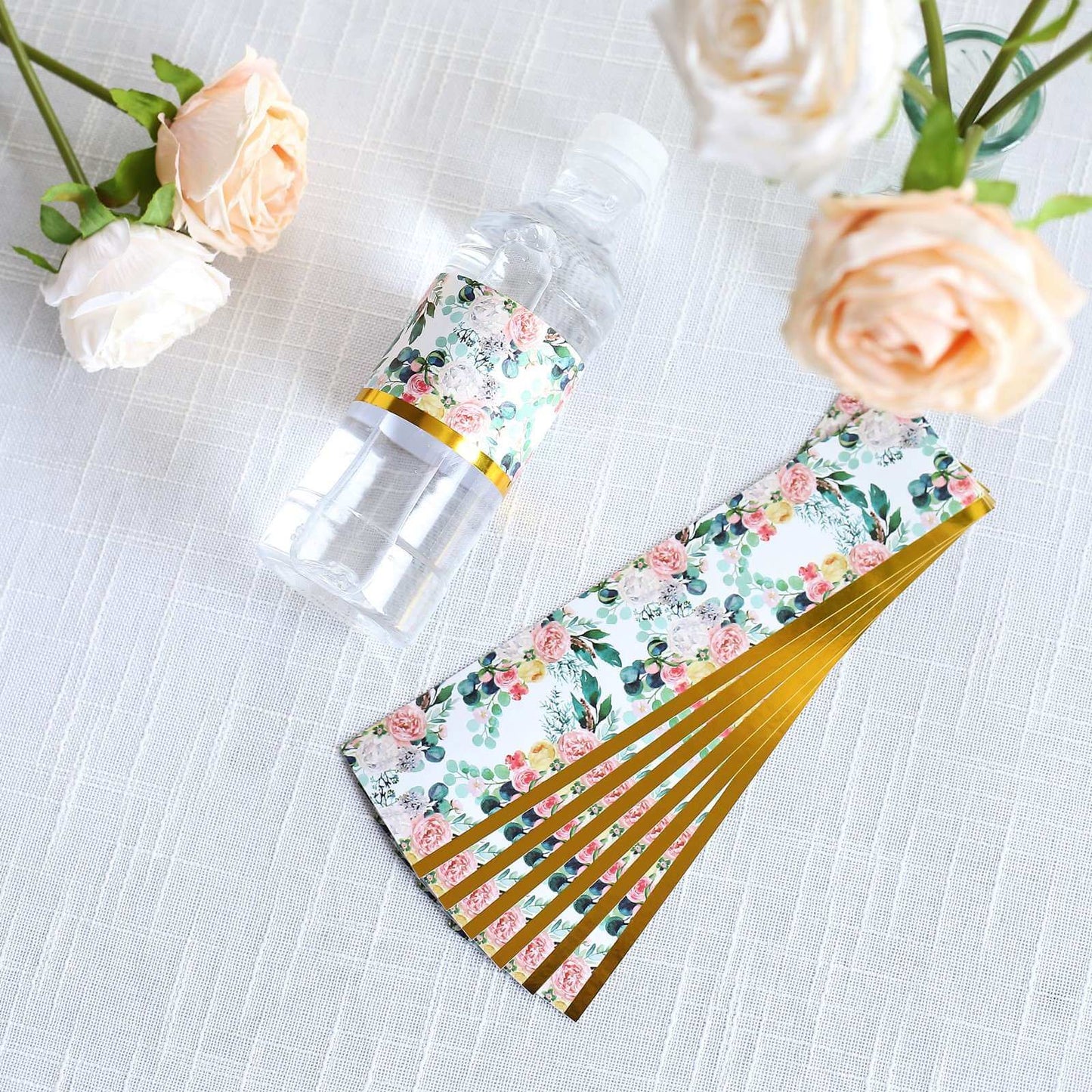24 Pack White/Pink Water Bottle Labels with Peony Floral Design & Gold Trim, Waterproof Bottle Stickers