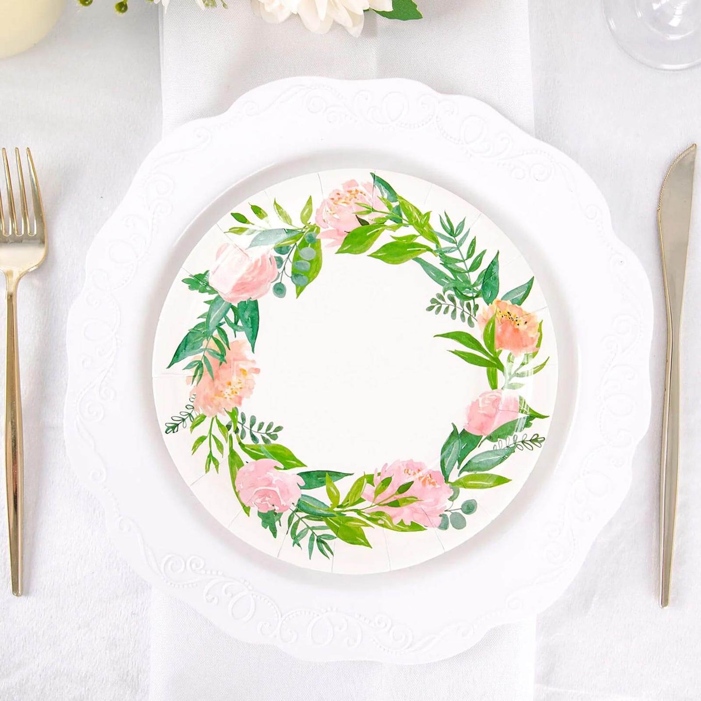 25-Pack Paper 7" Round Dessert Plates in White with Rose/Peony Flower Wreath - Disposable Appetizer Salad Plates for Special Occasions & Gatherings