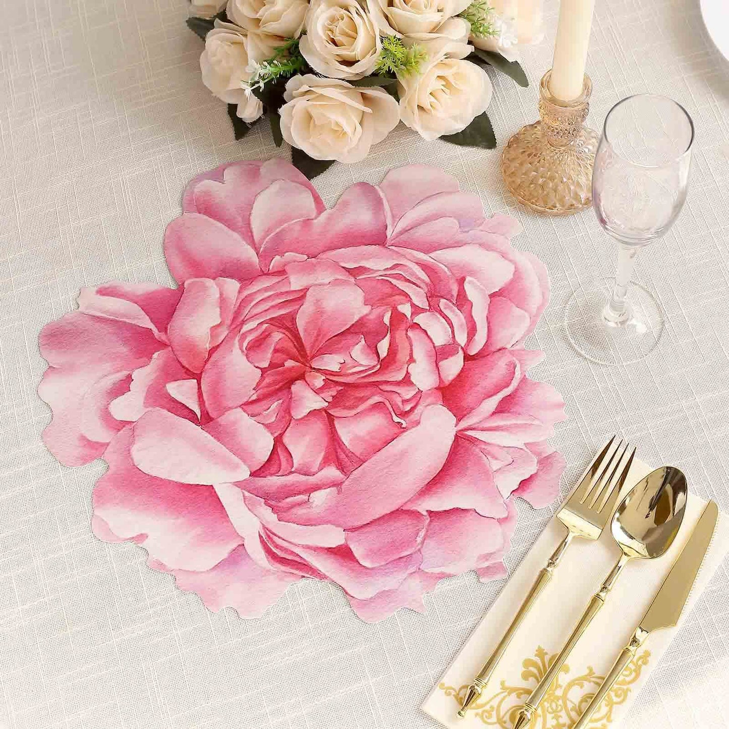 10-Pack Disposable Table Placemats with Pink Peony Flower Print - 400GSM Floral Cardboard Placemats for Dinner Parties & Gatherings 14"