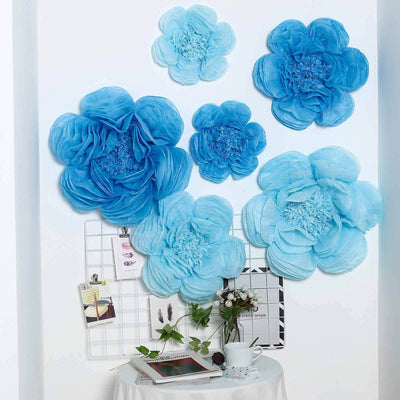 Set of 6 Periwinkle Turquoise Peony 3D Paper Flowers Wall Decor - 7",9",11"