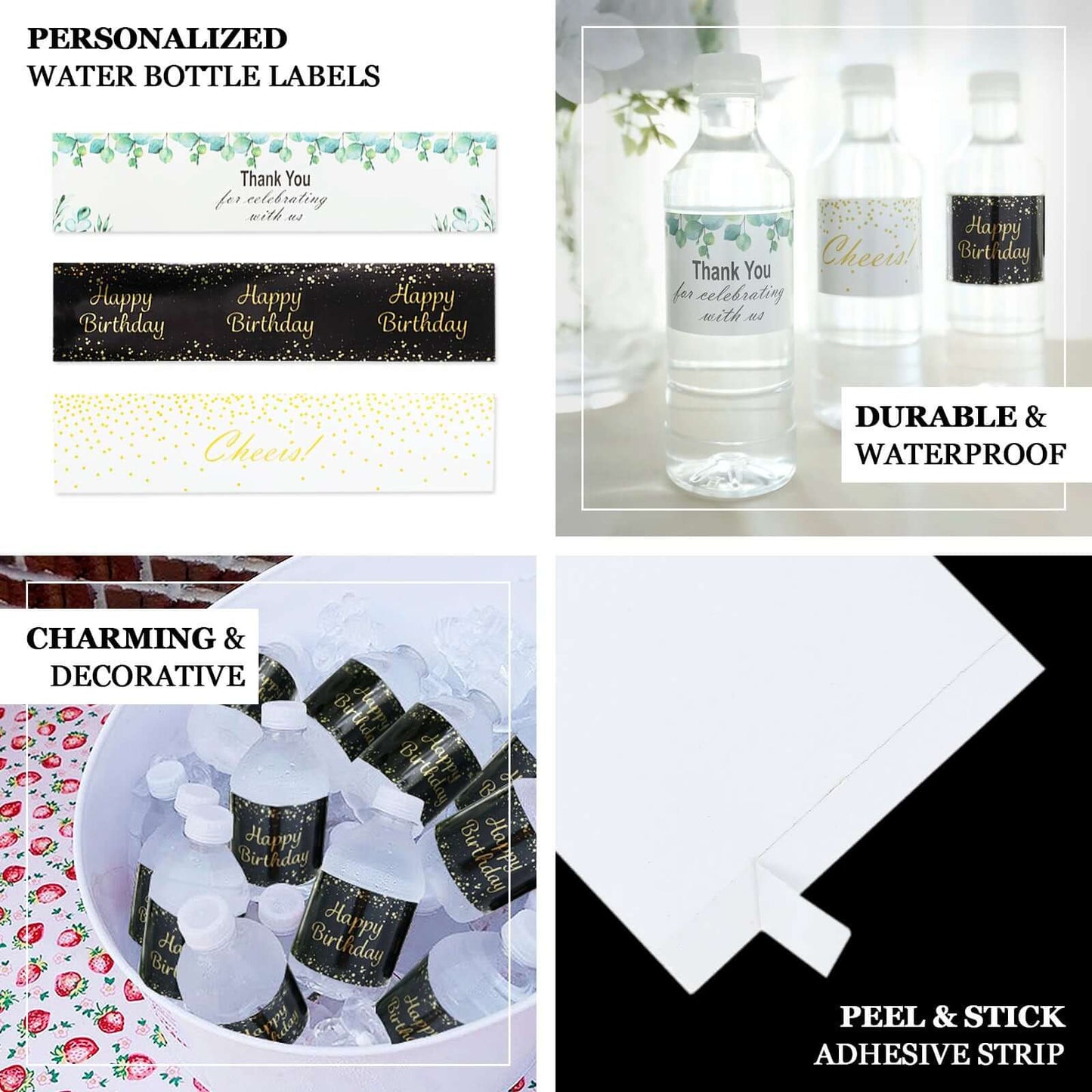 24 Pack White/Gold Water Bottle Labels "Cheers" Wedding Party Waterproof Bottle Stickers