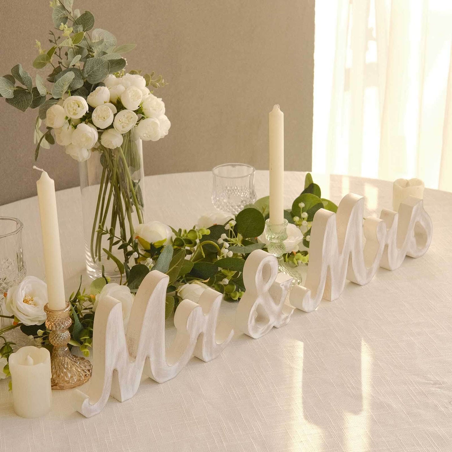 Wooden "Mr & Mrs" Freestanding Letters Whitewashed - Rustic Farmhouse Wedding Table Display Signs