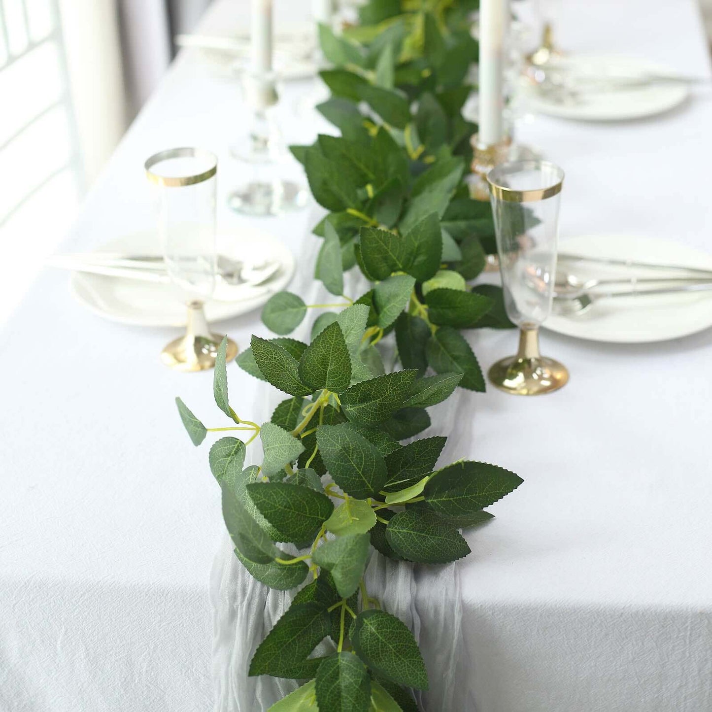 6ft Real Touch Green Artificial Silk Rose Leaf Hanging Vine, Flexible Greenery Table Garland