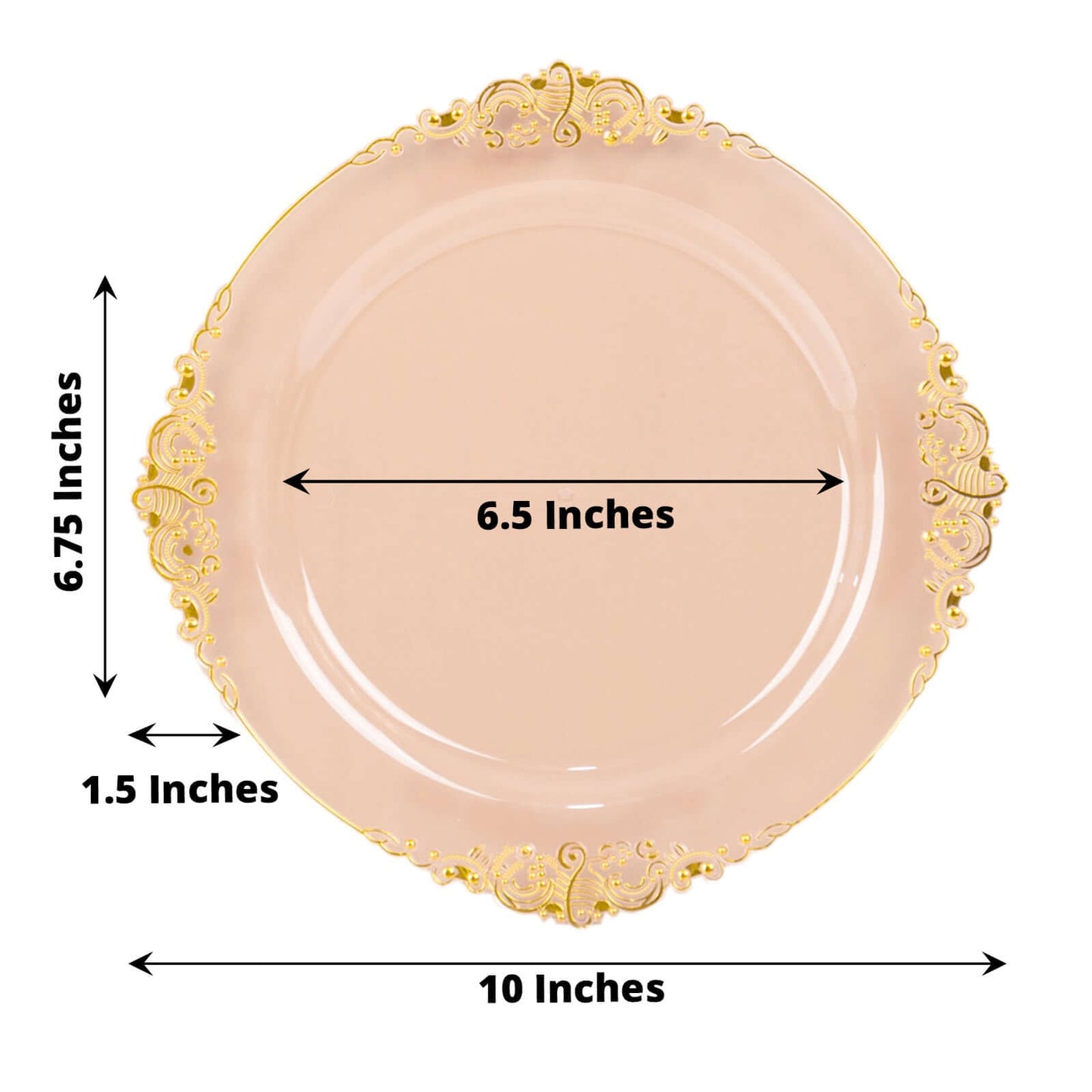 10-Pack Plastic 10" Round Dinner Plates in Transparent Blush with Gold Leaf Embossed Rim - Disposable Vintage Baroque Style Plates