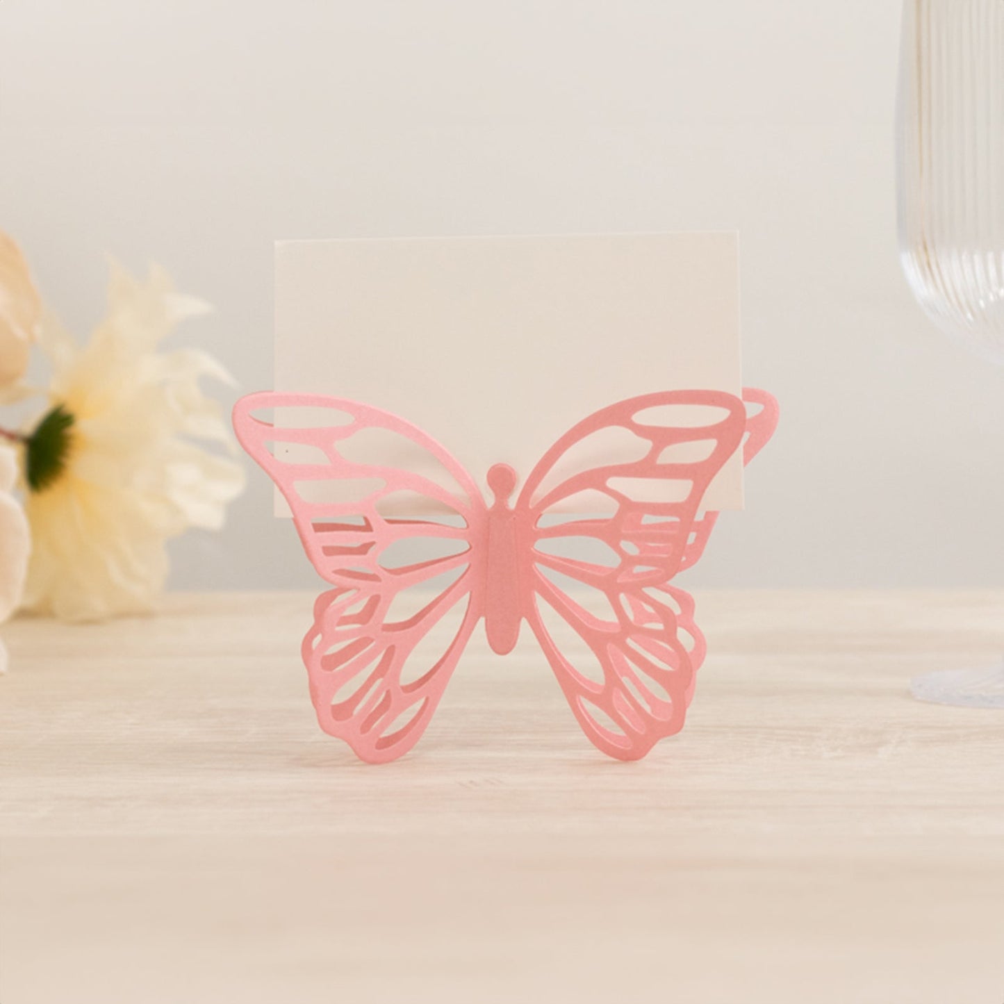 25-Pack Paper Butterfly Place Card Holders Pink with White Printable Cards - 3D Free Standing Table Number Stands 3"x5"