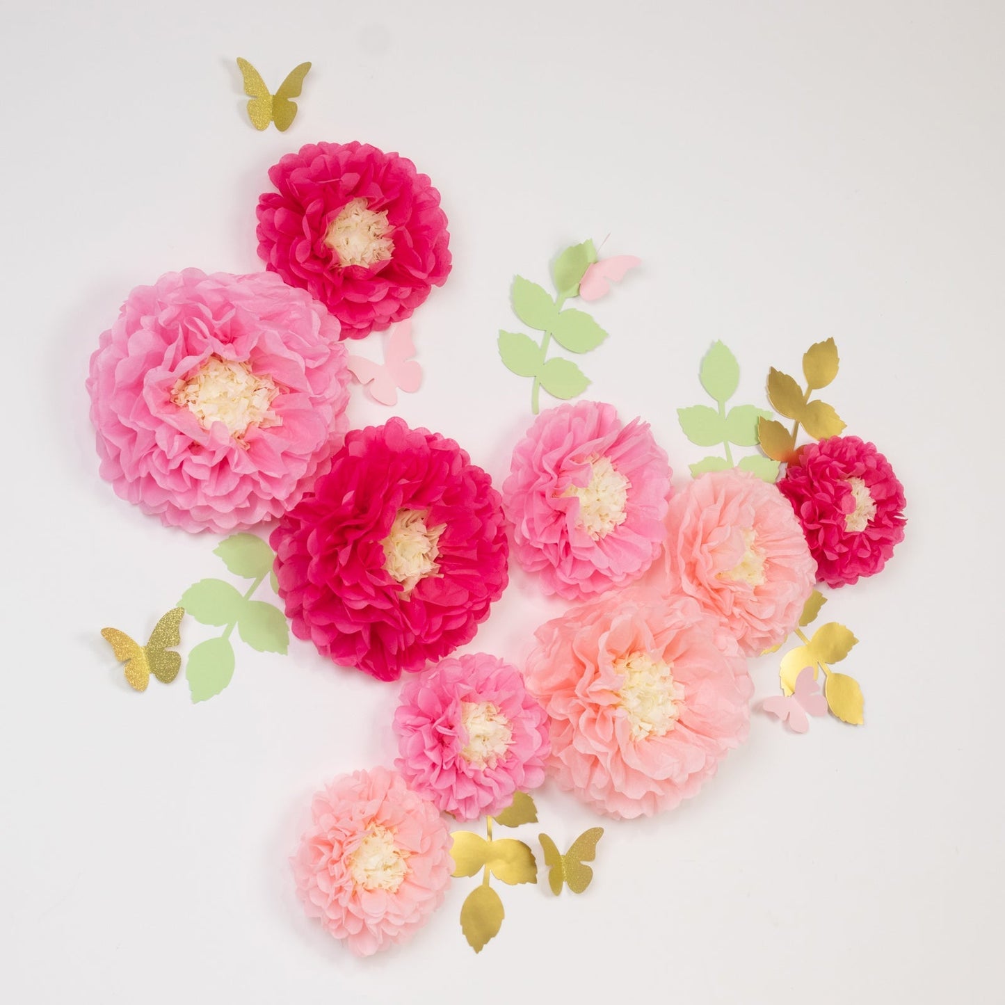 Set of 21 Tissue Paper Flowers Pom Poms Decor Kit â€“ Blush Pink 3D Chrysanth Floral Wall Decor with Butterflies & Olive Leaves - 8",10",12"