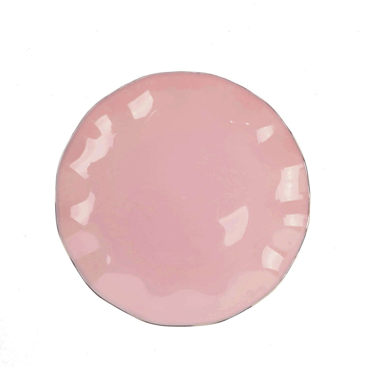 10-Pack Plastic Round 6" Dessert Plates in Dusty Rose Ruffled Rim with Gold Edging - Sturdy Disposable Salad Appetizer Dinnerware