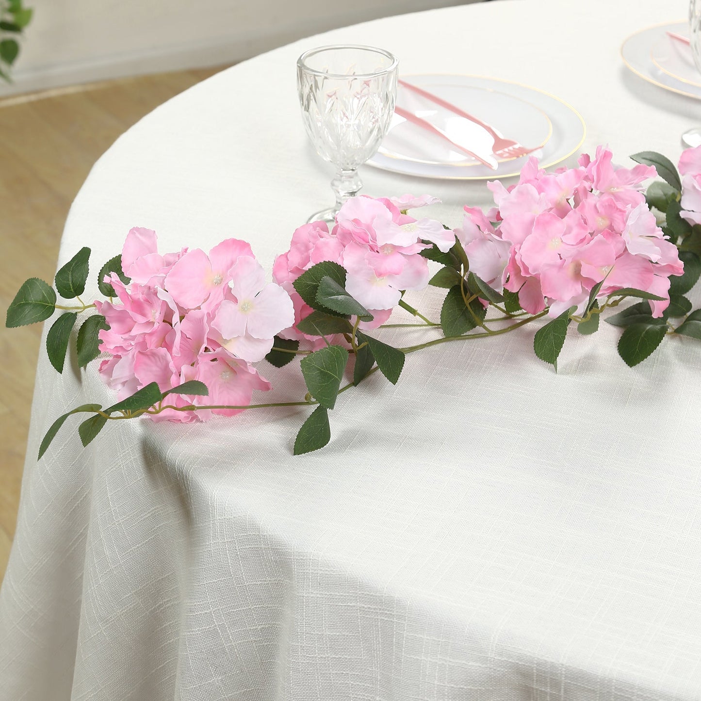 2-Pack Pink Artificial Hydrangea Garland 5.5ft â€“ Artificial Silk Floral Vine with Green Leaves