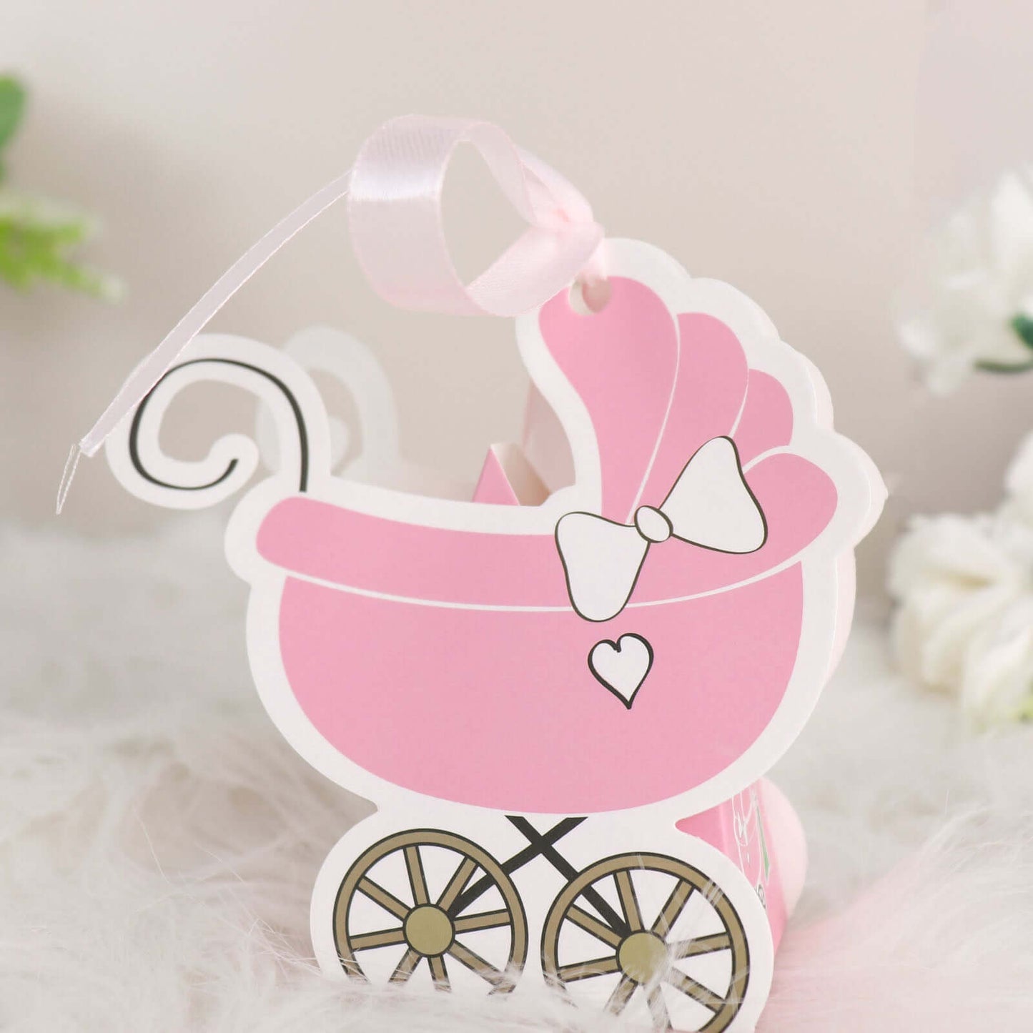 25 Pack Pink Baby Paper Stroller Party Favor Gift Boxes, Cardstock Carriage Candy Boxes with Ribbon Ties - 4.5"x2"x4"