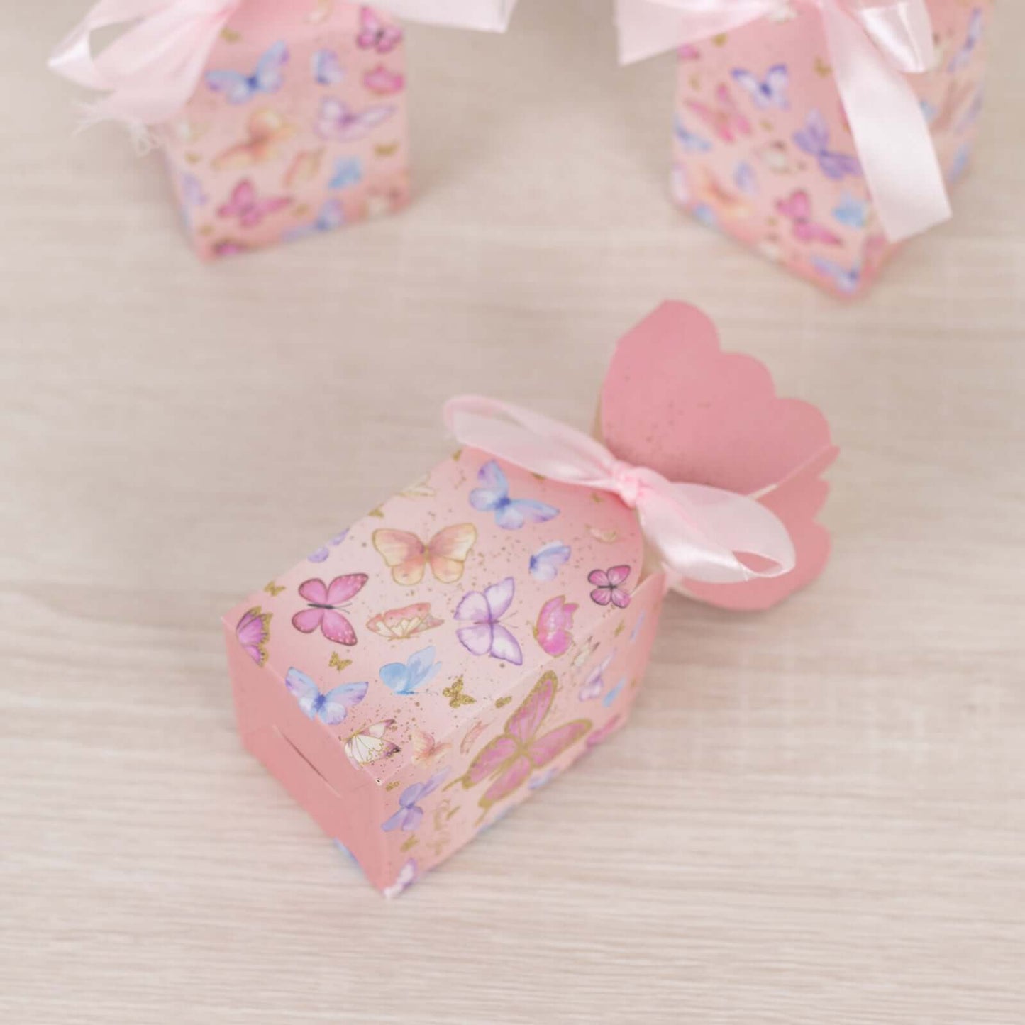 25 Pack Pink Floral Top Candy Gift Boxes With Butterfly Print, Cardstock Paper Party Favor Boxes With Satin Ribbons - 2"x5"