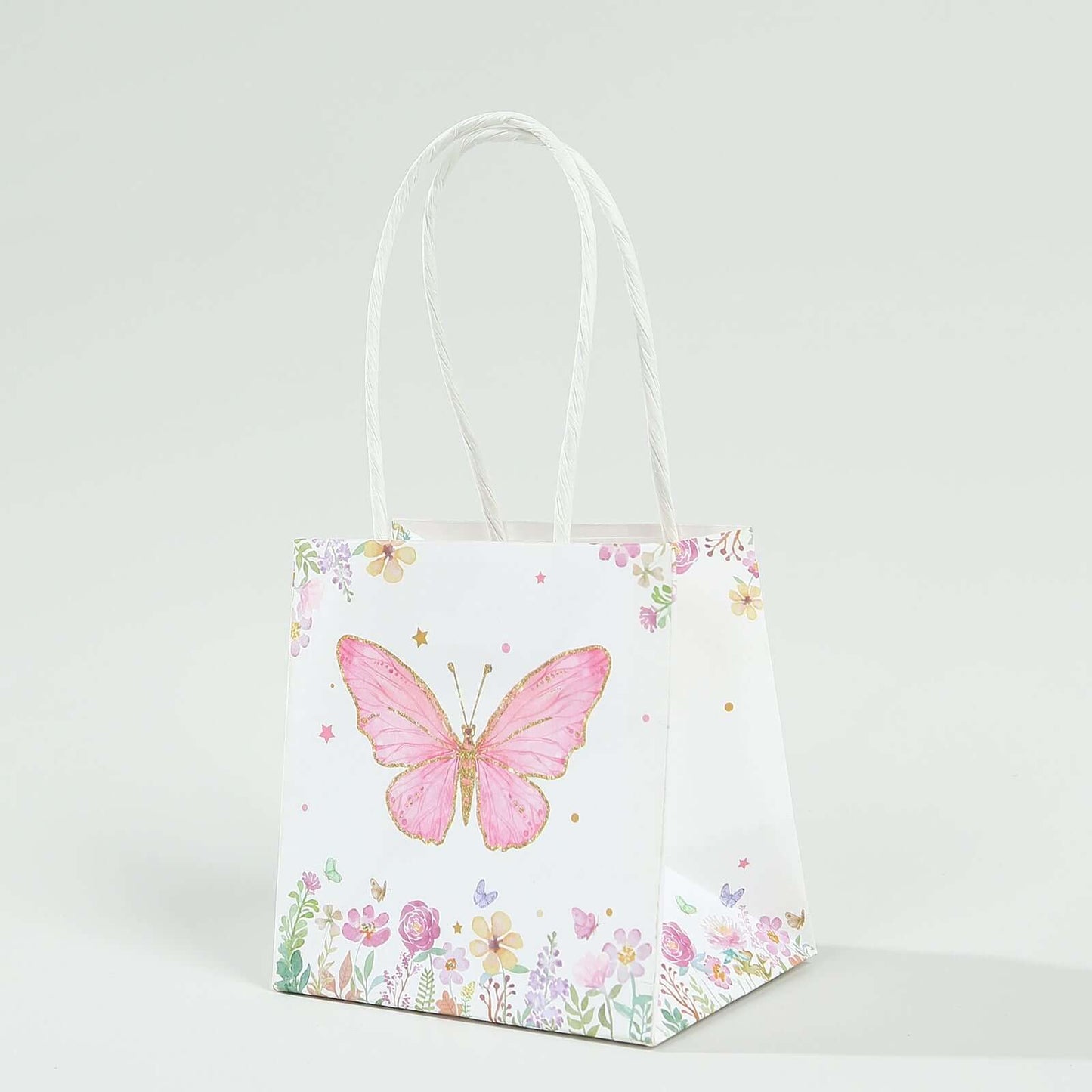 12 Pack Pink Glitter Butterfly Paper Favor Bags With Handles, Floral Print White Goodie Gift Bags - 4"x4"