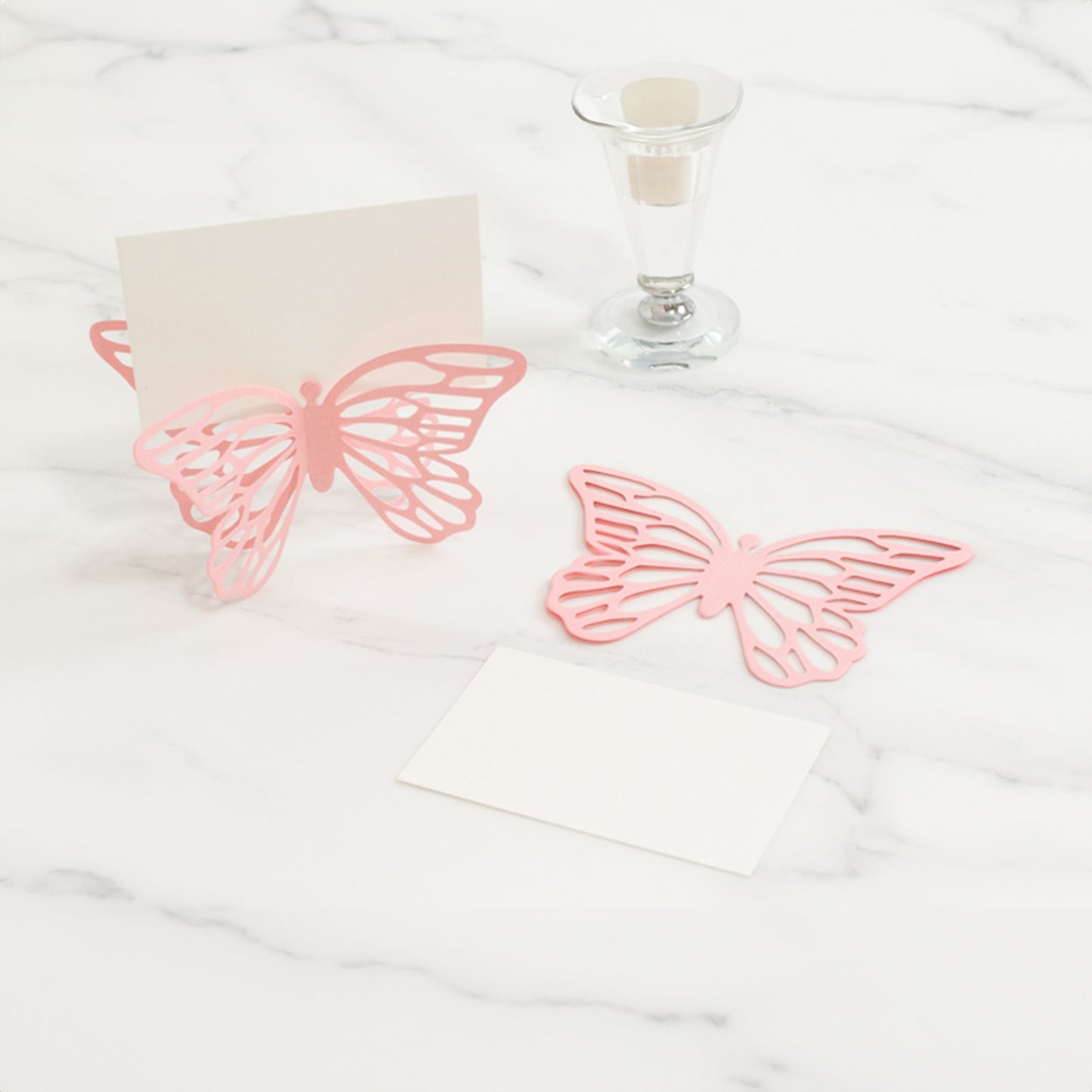 25-Pack Paper Butterfly Place Card Holders Pink with White Printable Cards - 3D Free Standing Table Number Stands 3"x5"