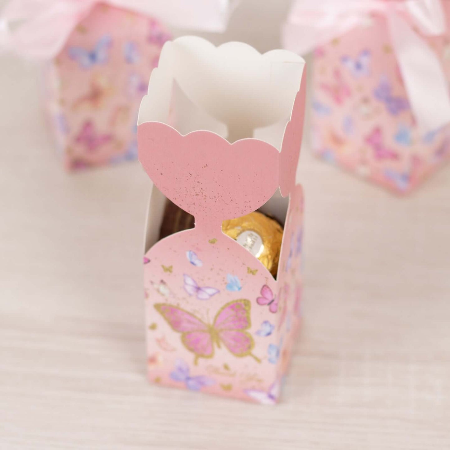 25 Pack Pink Floral Top Candy Gift Boxes With Butterfly Print, Cardstock Paper Party Favor Boxes With Satin Ribbons - 2"x5"