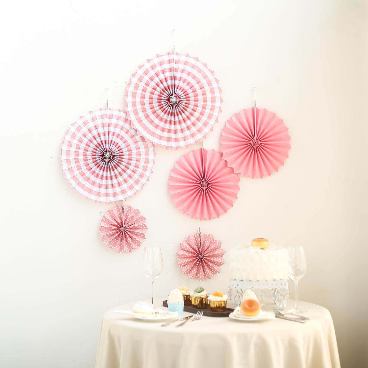 Set of 6 Pink Hanging Paper Fan Decorations, Pinwheel Wall Backdrop Party Kit - 8", 12", 16"