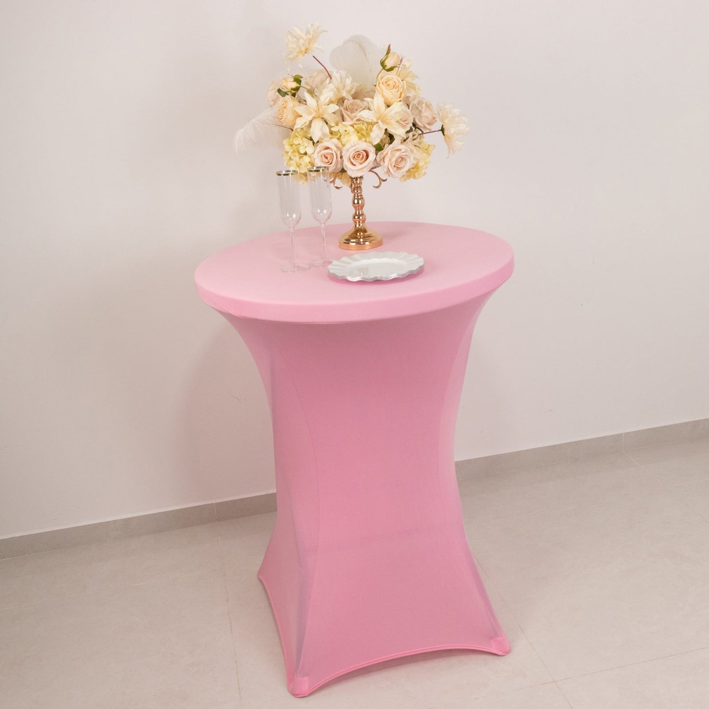 Spandex 30" Round Cocktail Table Cover Pink - Easy to Maintain Stretch Fitted Highboy Tablecloth