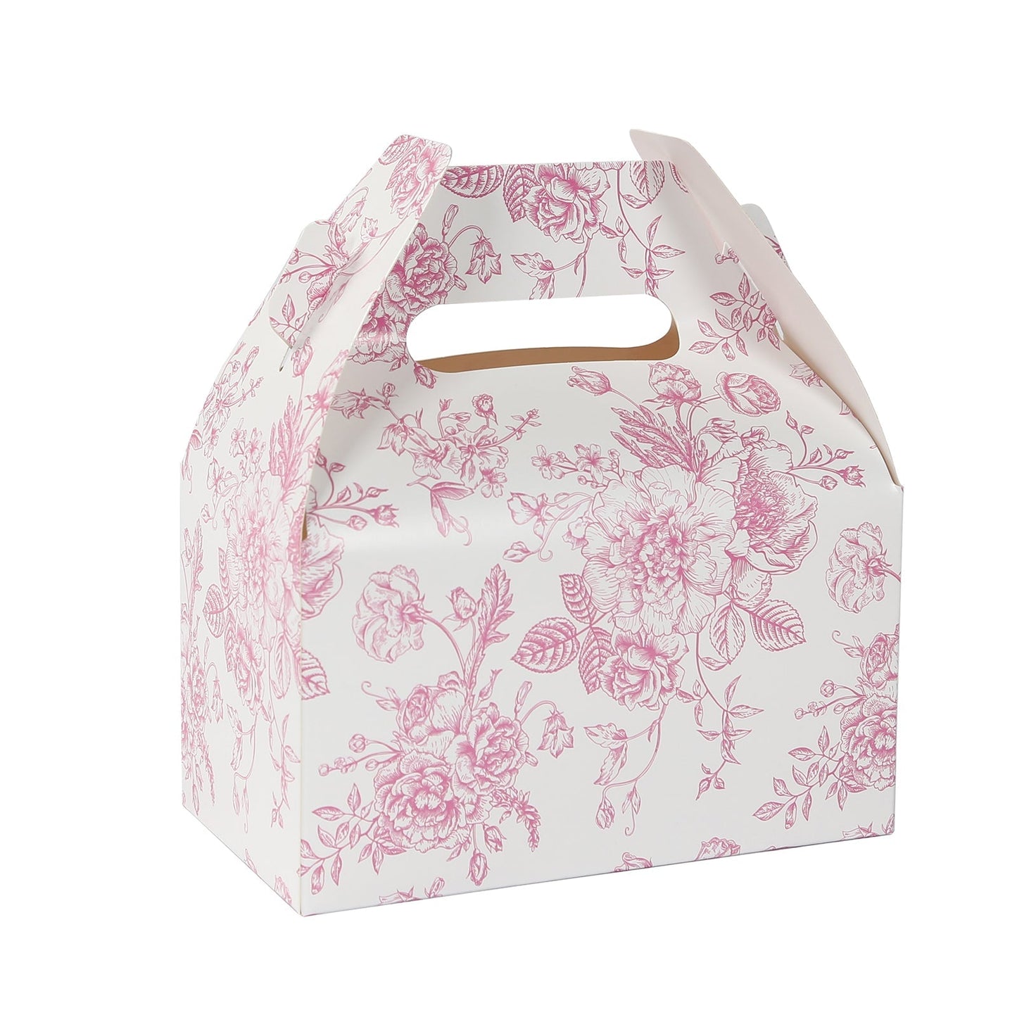 25 Pack Candy Treat Tote Boxes in French Toile Pattern - Matte Pink and White Party Favor Gable Boxes, Cardstock Paper - 6"x3.5"x7"