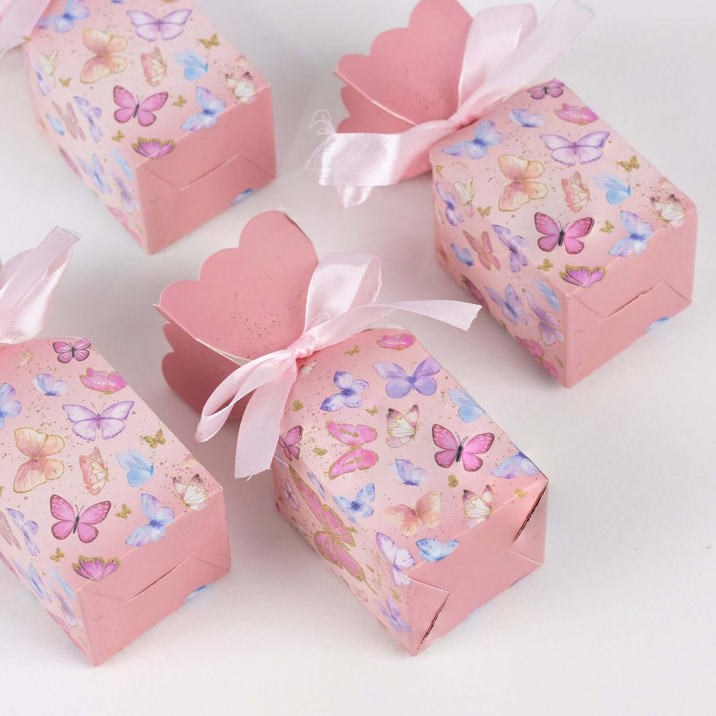 25 Pack Pink Floral Top Candy Gift Boxes With Butterfly Print, Cardstock Paper Party Favor Boxes With Satin Ribbons - 2"x5"