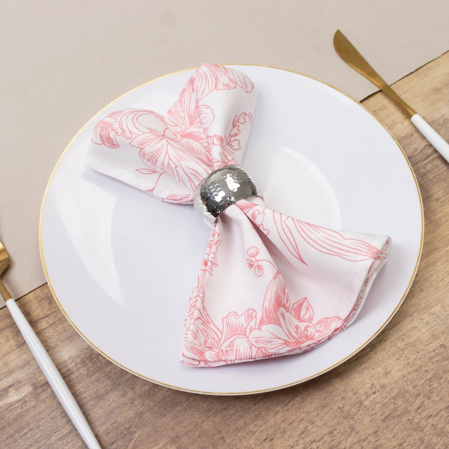 5-Pack French Toile Polyester Cloth Napkins â€“ 17"x17" Pink and White Reusable Table Napkins in Floral Design for Events & Dining