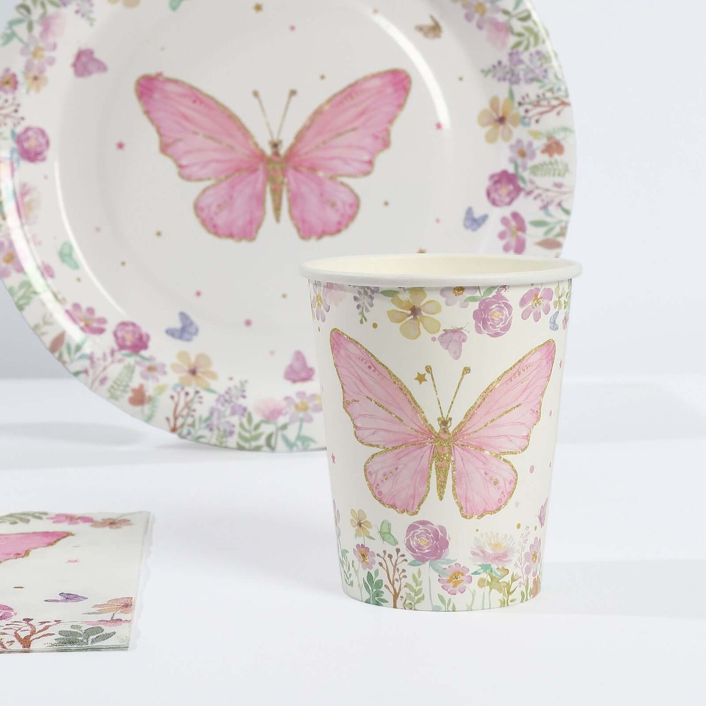 96 Pcs Paper Dinnerware Set with Butterfly Print White/Pink - Disposable Tableware Set with Plates, Cups, and Napkins