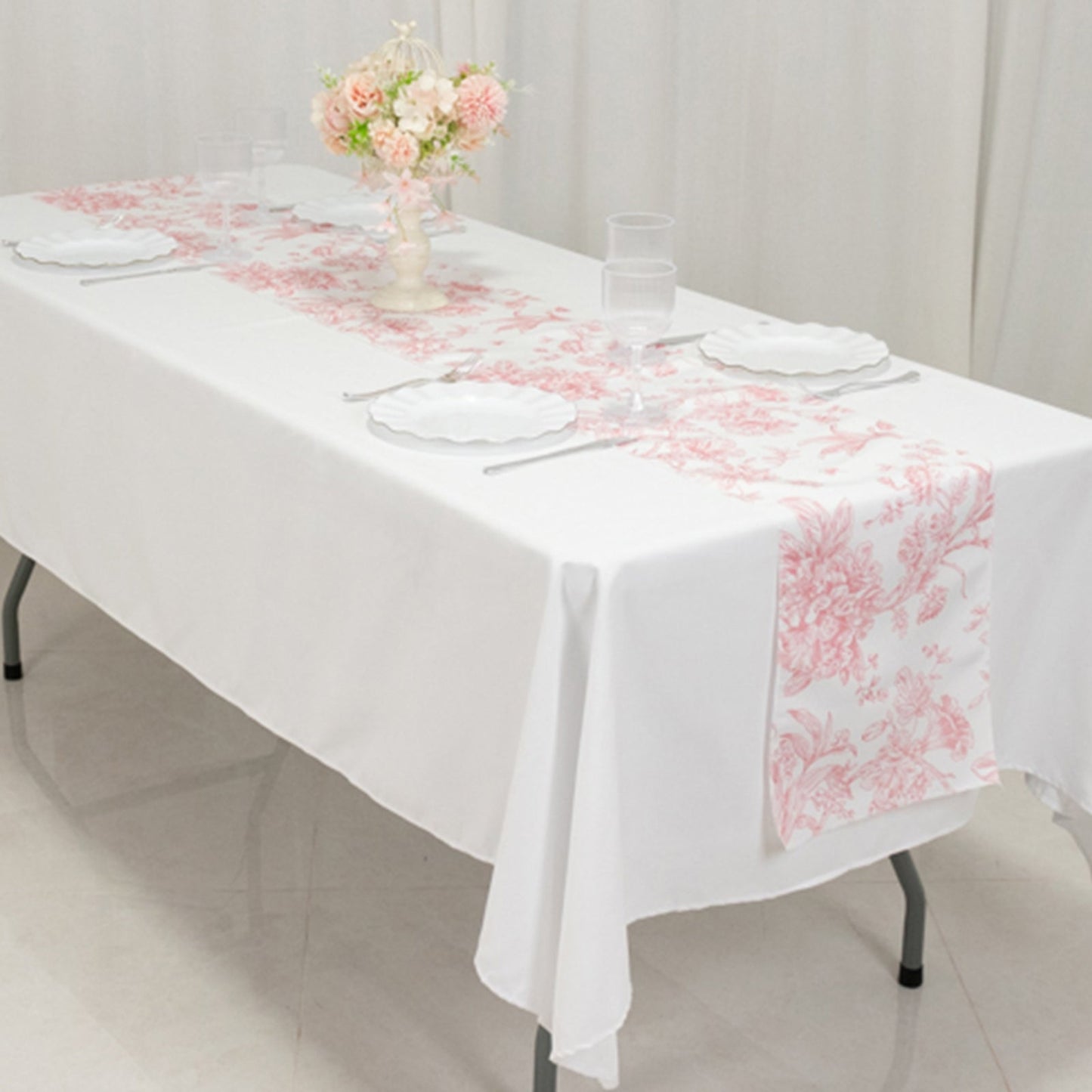 Polyester Table Runner 12"x108" White with Pink French Toile Floral Print Reusable Table DÃ©cor