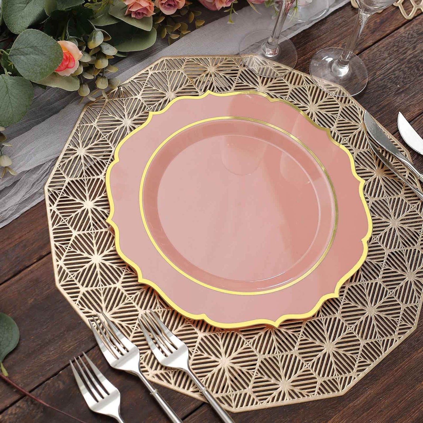 10-Pack Plastic 10" Round Dinner Plates in Dusty Rose with Gold Scalloped Rim - Disposable Party Plates