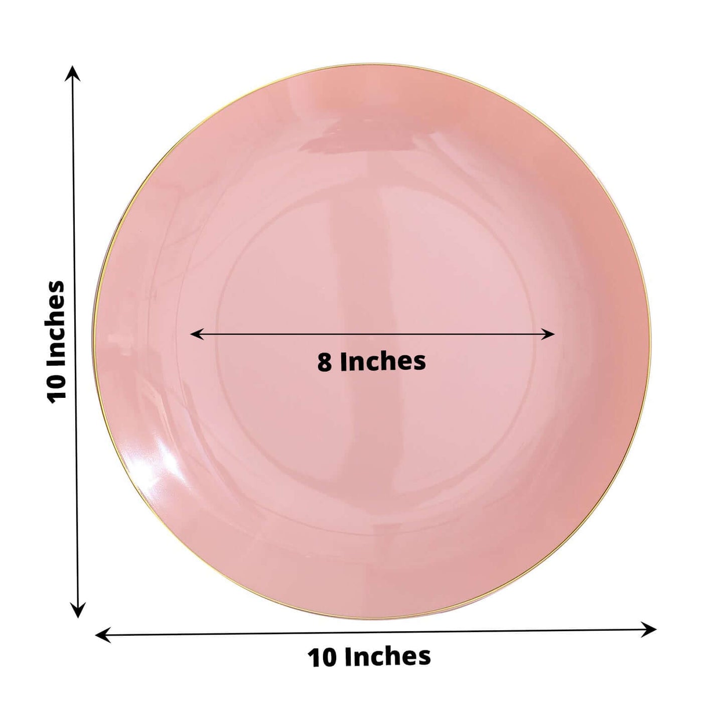 10-Pack Plastic 10" Round Dinner Plates in Dusty Rose with Gold Rim - Glossy Disposable Party Plates