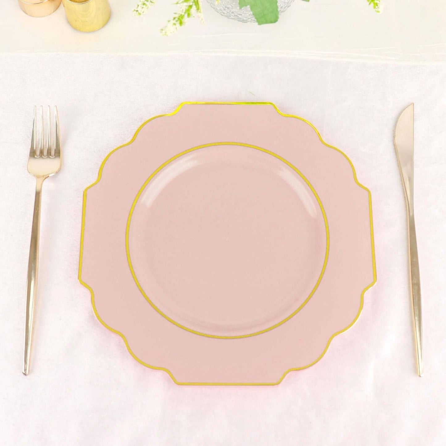 10-Pack Plastic Dessert Appetizer Plates in Blush Baroque Design with Scalloped Gold Rim - Heavy Duty Disposable Salad Plates 8"