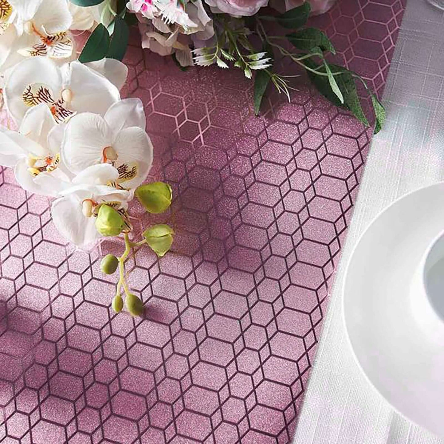 Glitter Paper 9ft Table Runner Roll Rose Gold Disposable Geometric Honeycomb Pattern - Stylish Table Decor