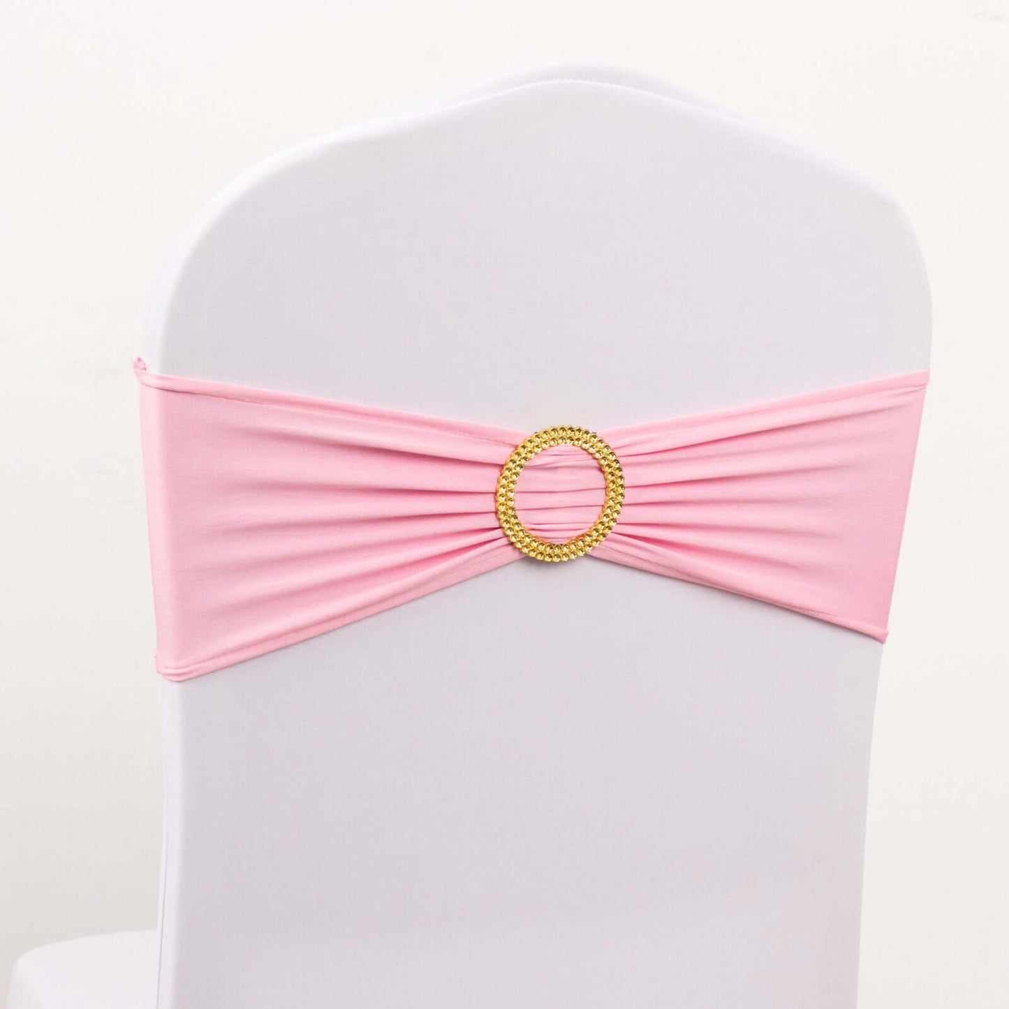 5 Pack Spandex Chair Sashes Pink with Gold Rhinestone Buckles - Reusable Four-Way Stretch Sash Bands 5"x14"