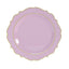 10-Pack Plastic 8" Round Dessert Plates in Lavender Lilac with Gold Scalloped Rim - Disposable Appetizer/Salad Plates