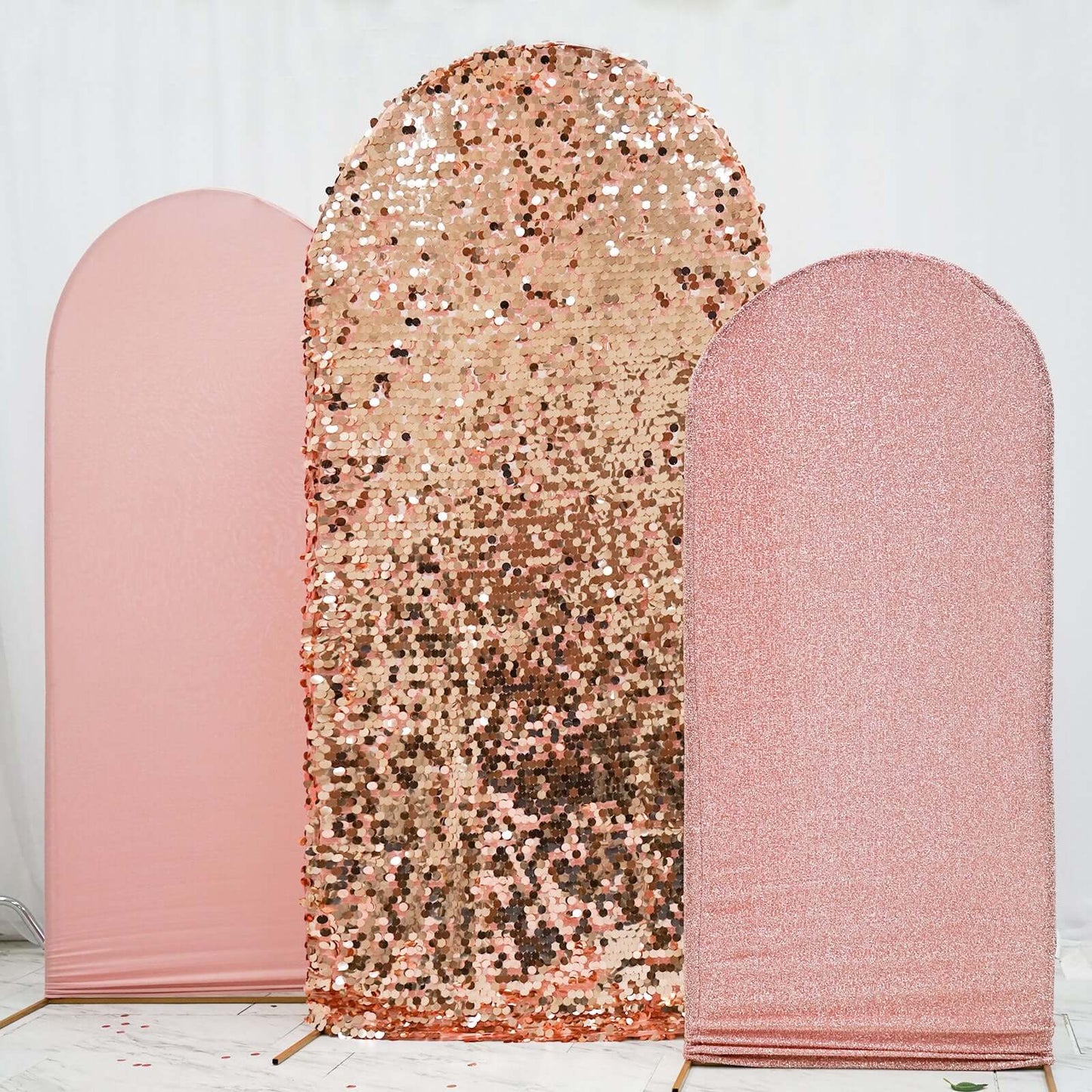 Set of 3 Rose Gold Round Top Fitted Wedding Arch Frame Covers, Big Payette Sequin, Shimmer Tinsel and Matte Spandex Backdrop Stand Covers