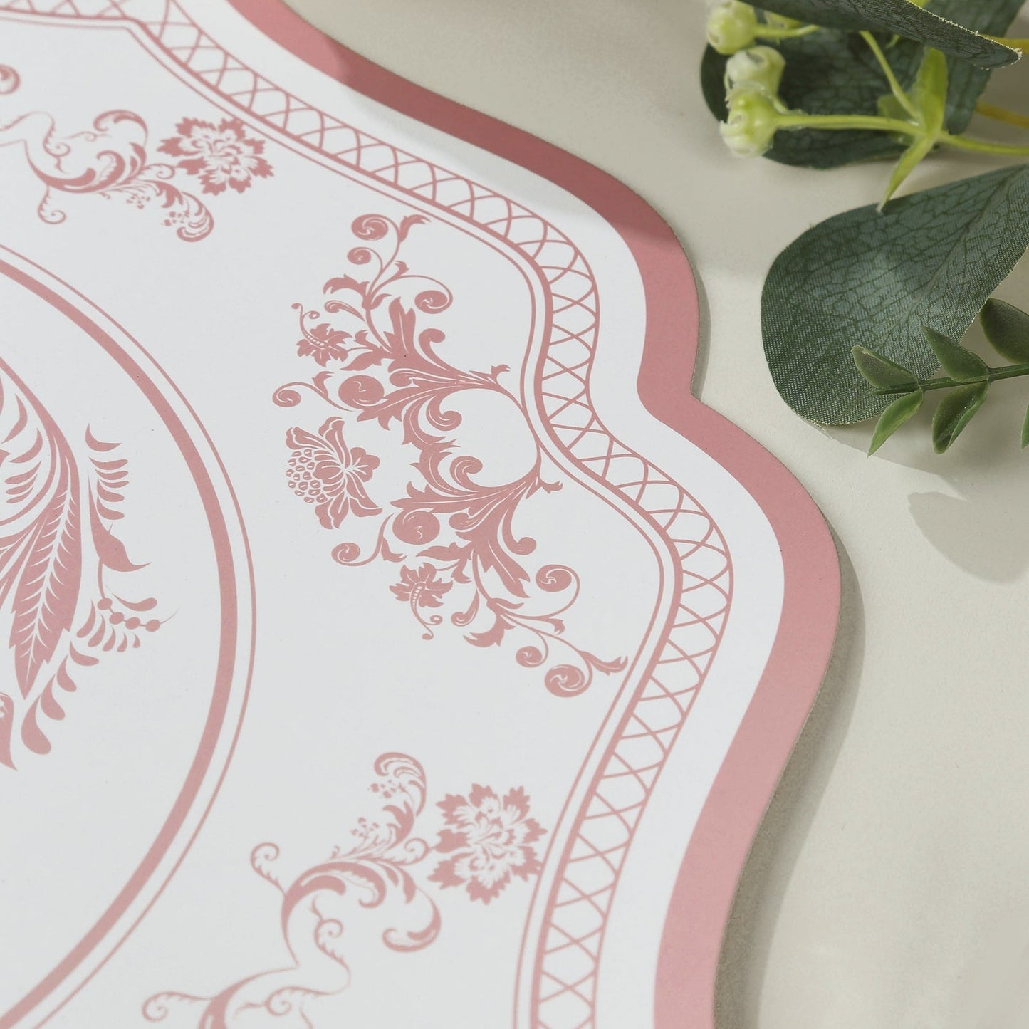 10-Pack Disposable Table Placemats 13" Round Placemats in White with Pink Damask Floral Pattern & Scalloped Rim - 400GSM Cardboard Placemats for Stylish Table Setting