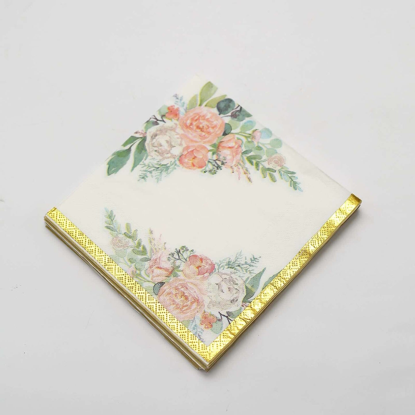 20-Pack Paper Cocktail Napkins with Pink Peony Floral Design and Gold Trim White - 2 Ply Wedding Beverage Napkins 18GSM