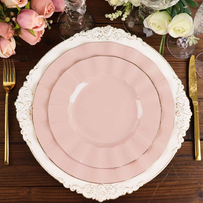 10-Pack Plastic 9" Round Dinner Plates in Blush Ruffled Rim with Gold Edging - Sturdy Disposable Dinnerware