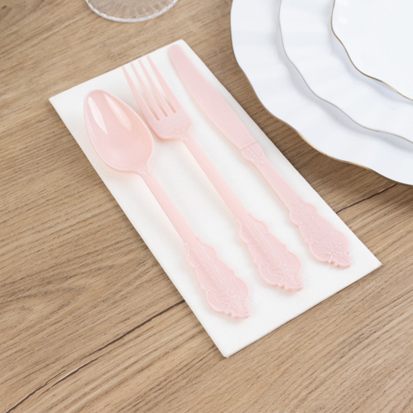 72 Pcs Plastic Silverware Set in Baroque Style Blush - Heavy Duty Disposable Knife, Fork, and Spoon Set
