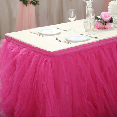 Tulle 14ft Table Skirt Fuchsia - 4 Layer Pleated Tutu Table Cover