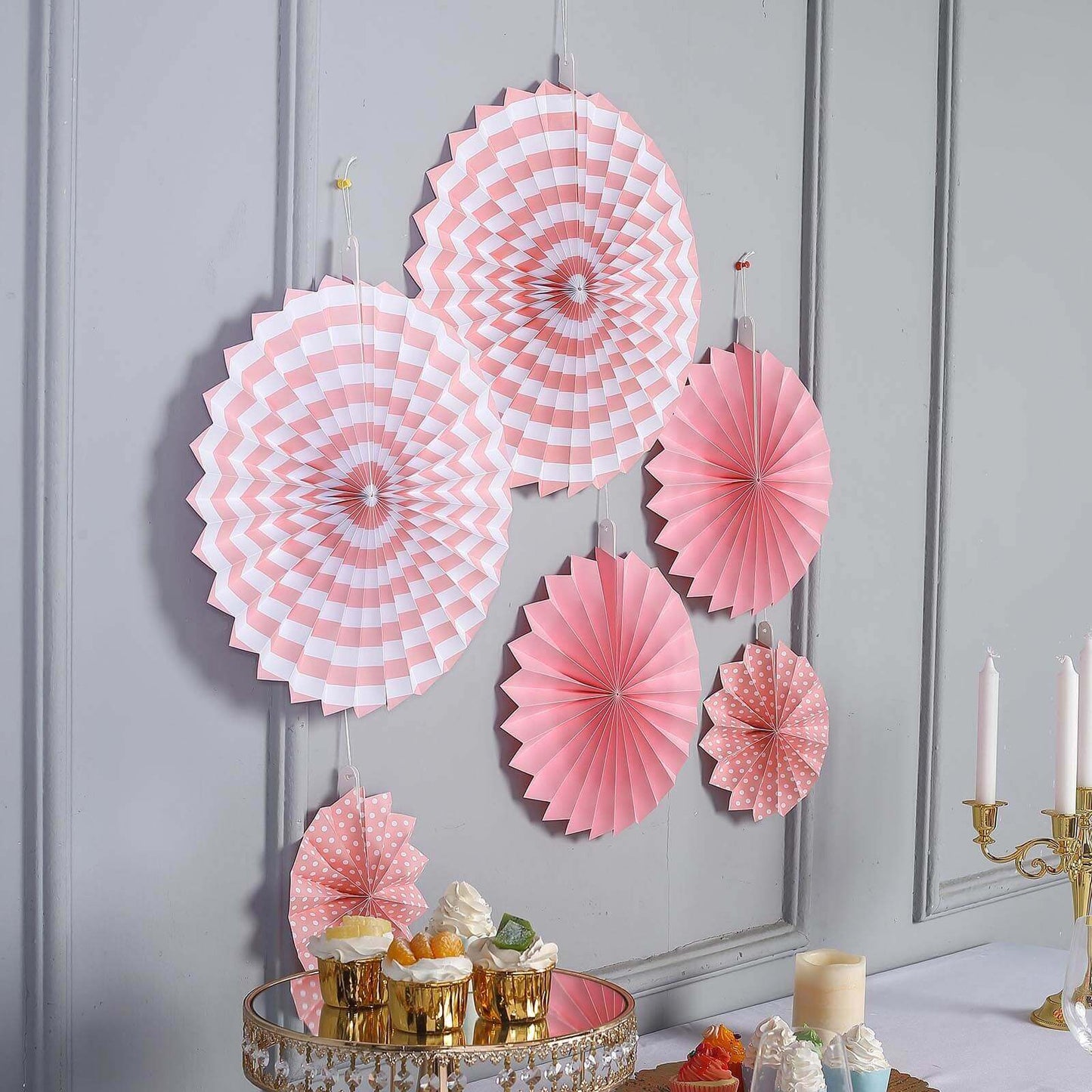 Set of 6 Pink Hanging Paper Fan Decorations, Pinwheel Wall Backdrop Party Kit - 8", 12", 16"