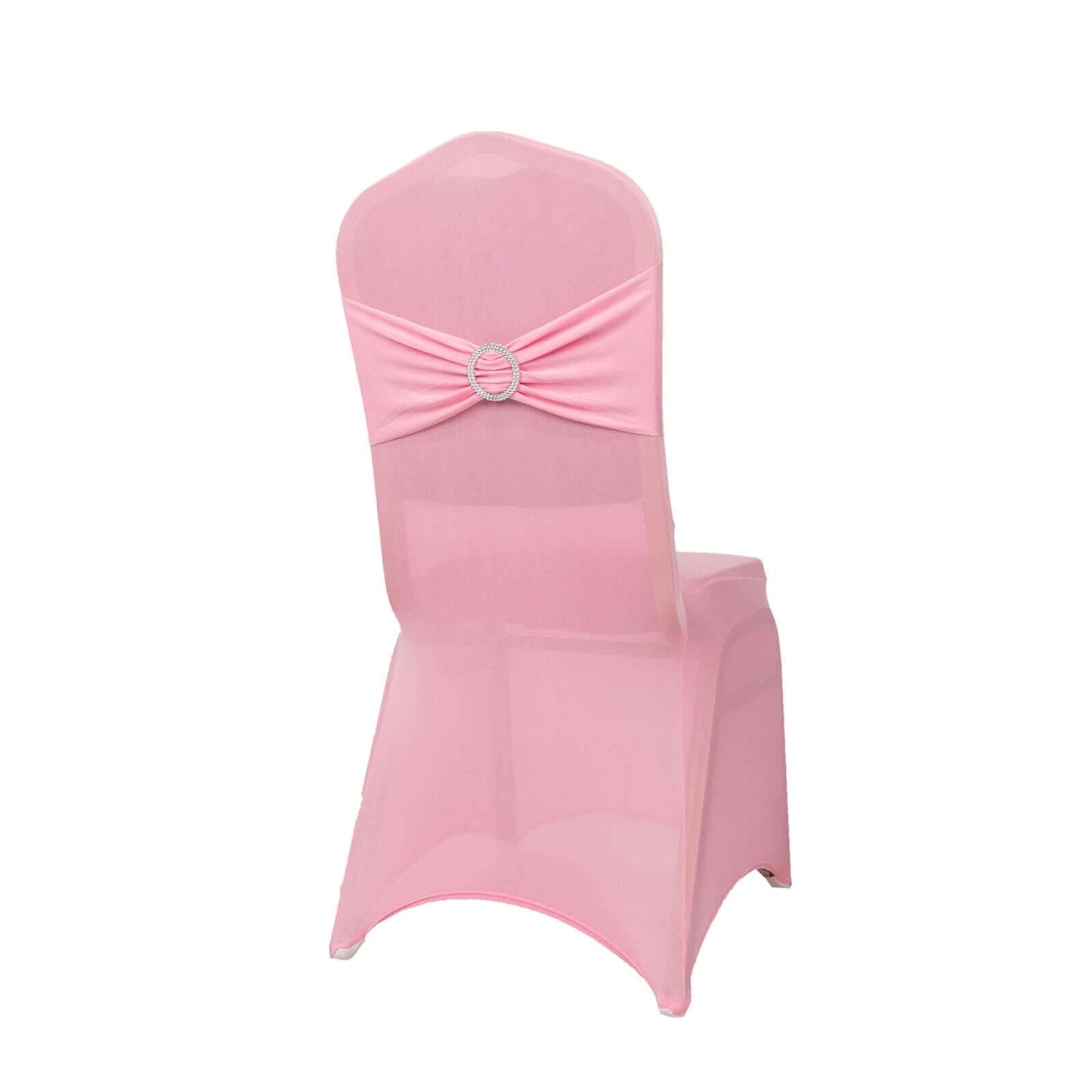 Spandex Chair Cover with Silver Rhinestone Buckled Sash Band Pink - Stretch Fitted Slipcover