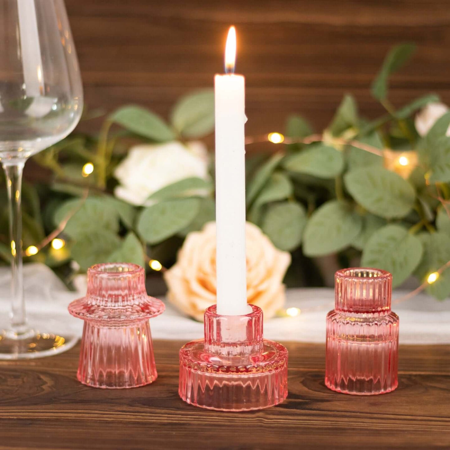 Set of 6 Glass Taper Candle Holders Ribbed Crystal Design Pink - Reversible Mini Votive Tealight Stands 3"