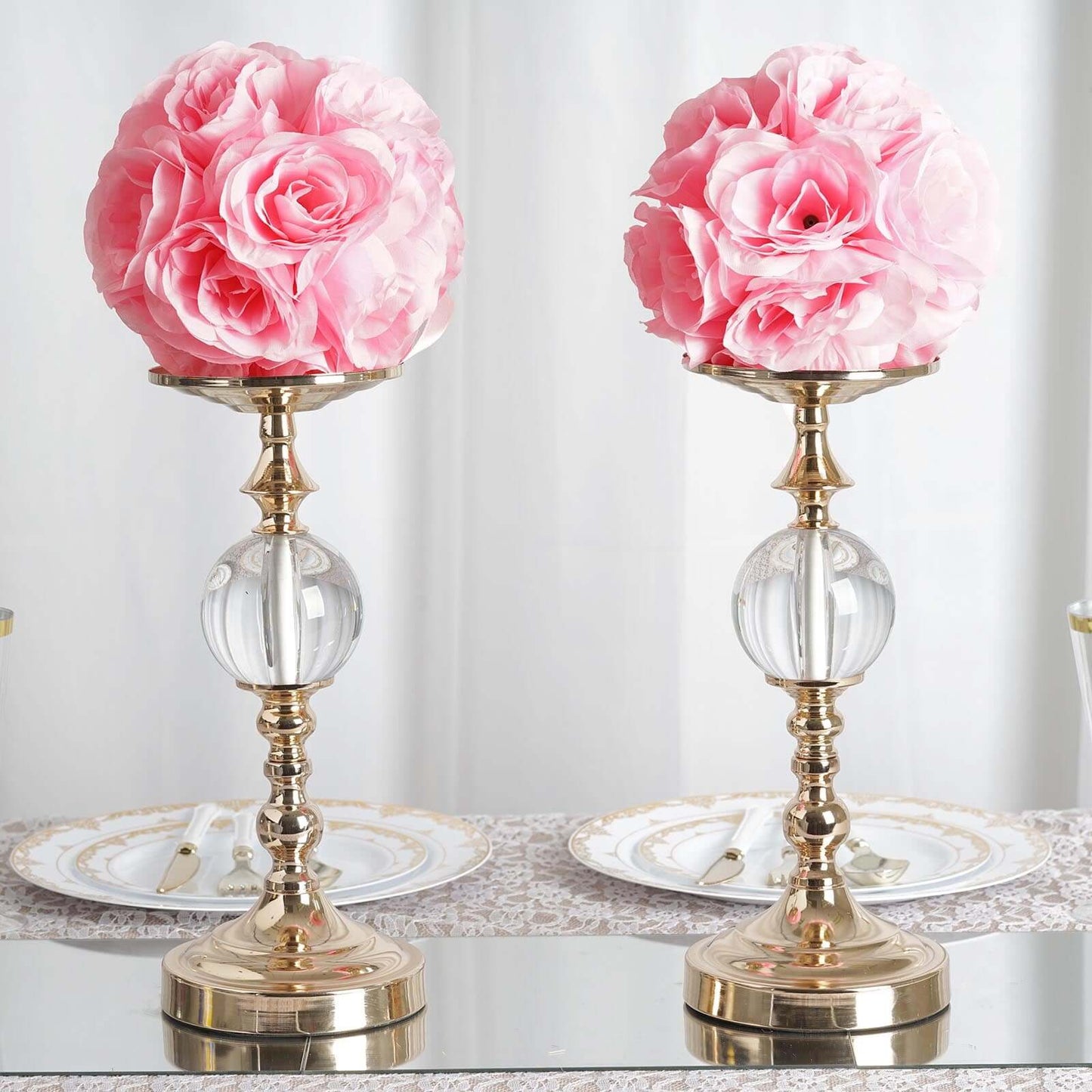 2 Pack 7" Pink Artificial Silk Rose Kissing Ball, Faux Flower Ball