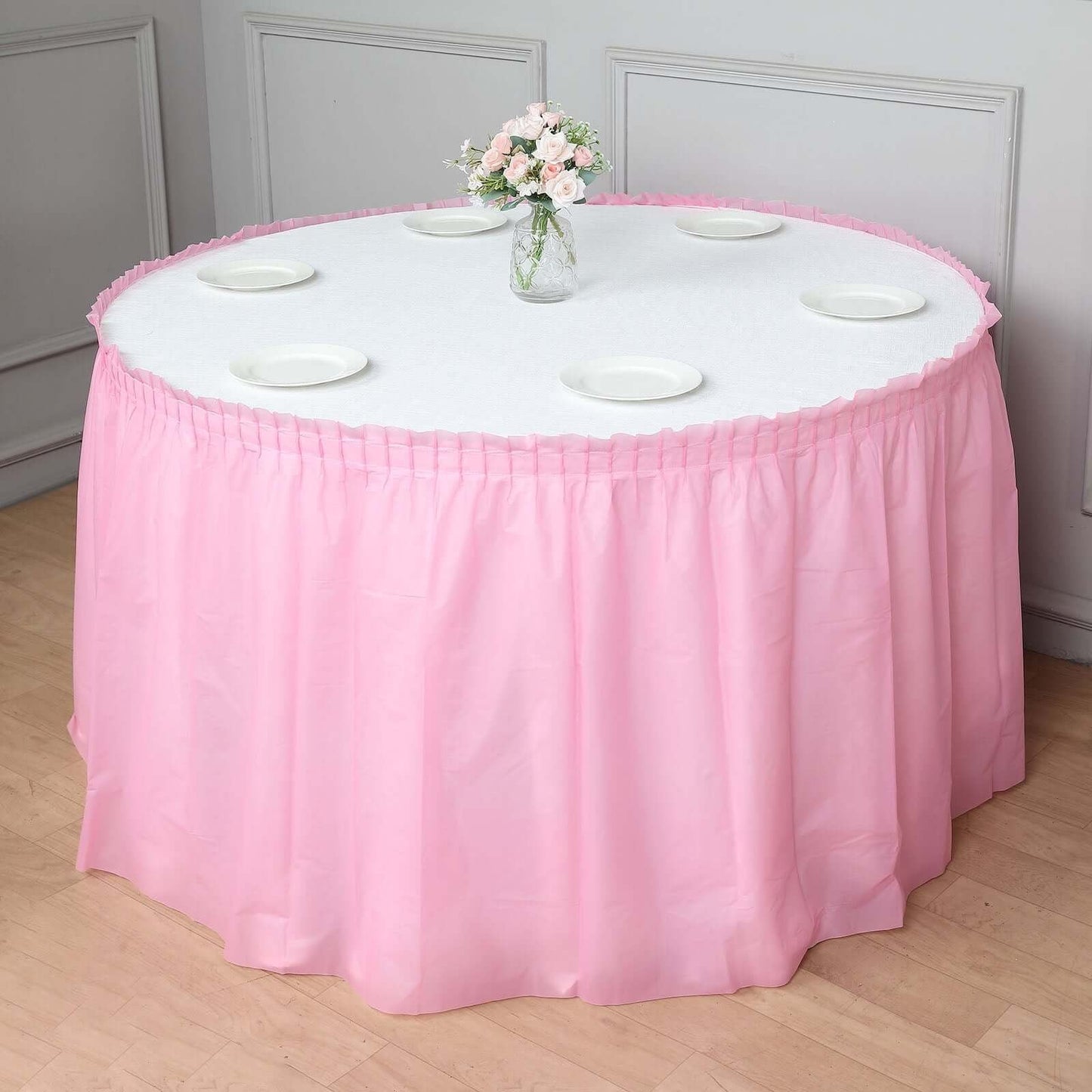 5 Pack Plastic Table Skirts Pink Ruffled - Durable Disposable Skirts for Events 14ft