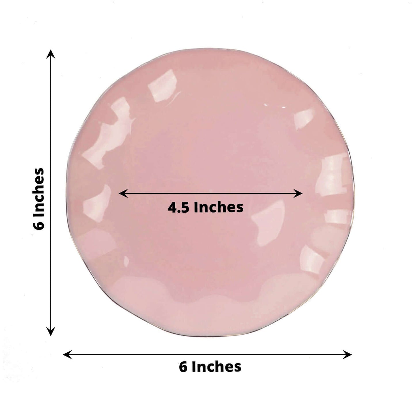 10-Pack Plastic Round 6" Dessert Plates in Dusty Rose Ruffled Rim with Gold Edging - Sturdy Disposable Salad Appetizer Dinnerware
