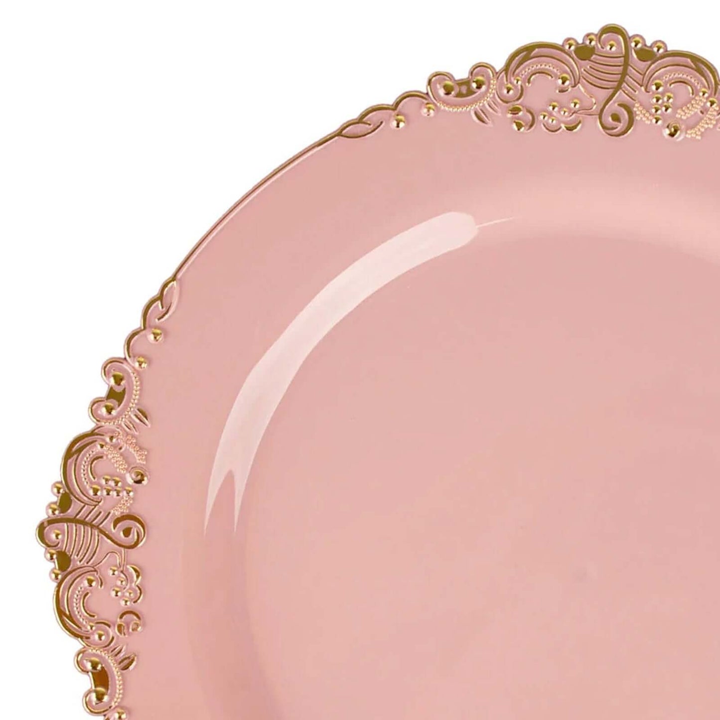 10-Pack Plastic 8" Round Dessert Plates in Dusty Rose with Gold Leaf Embossed Rim - Disposable Vintage Baroque Style Salad Plates