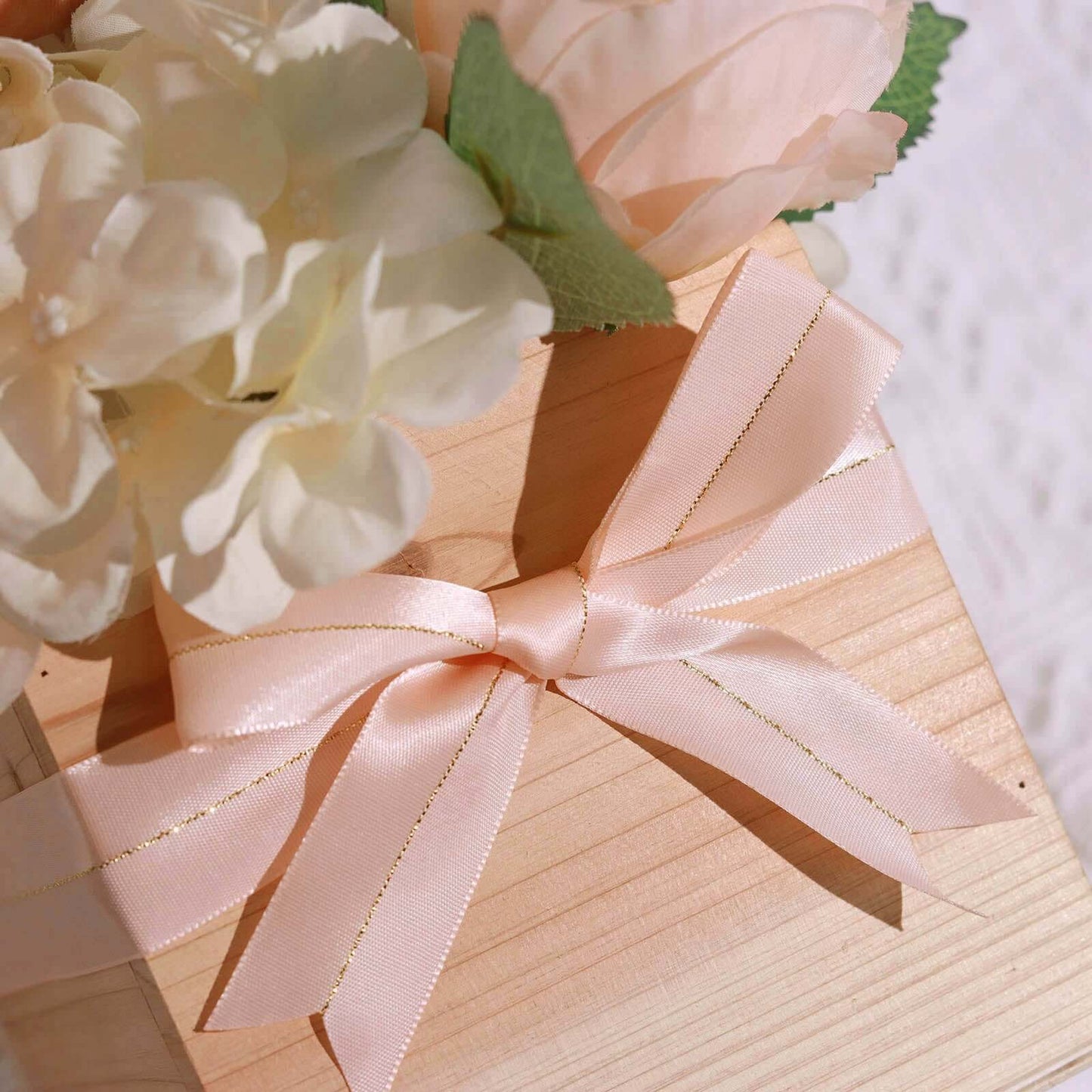 50 PCs 10" Blush Pre Tied Ribbon Bows, Satin Ribbon With Gold Foil Lining For Gift Basket and Party Favors Decor
