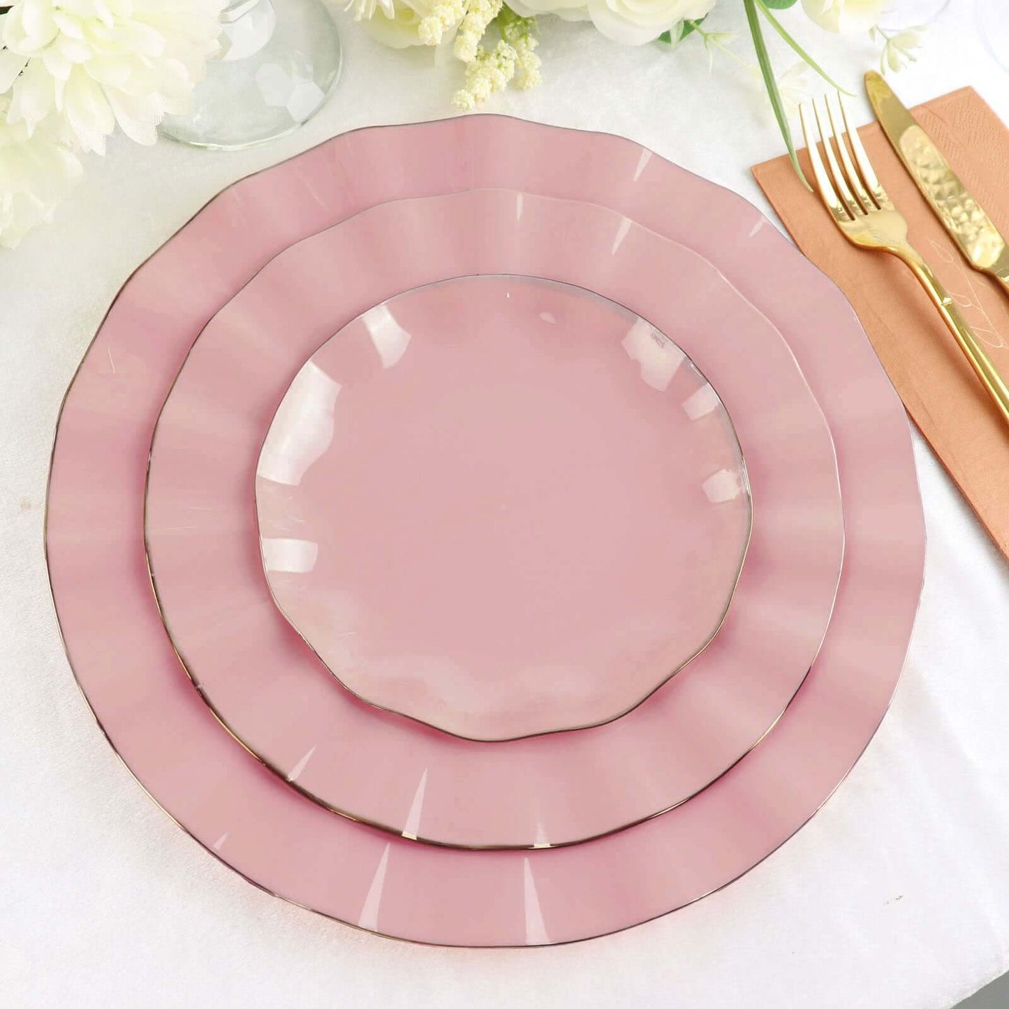 10-Pack Plastic Round 6" Dessert Plates in Dusty Rose Ruffled Rim with Gold Edging - Sturdy Disposable Salad Appetizer Dinnerware
