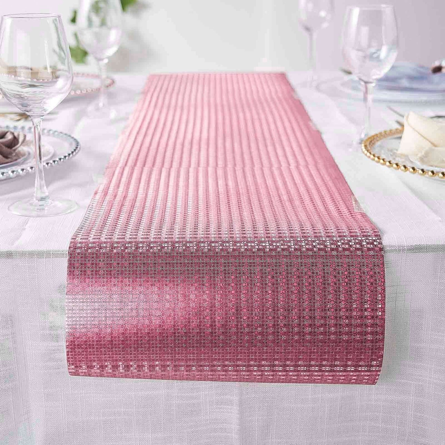 Glitter Paper 9ft Table Runner Roll Rose Gold Disposable Circle Pattern - Stylish Party Decor