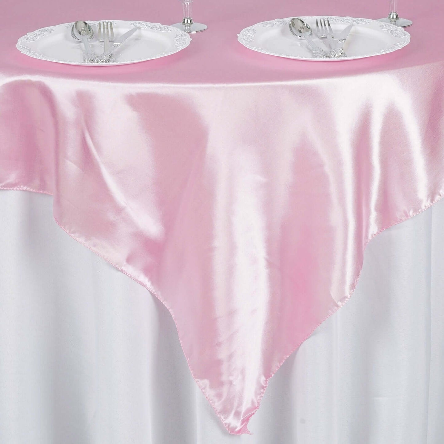 Satin 60"x60" Table Overlay Square Tablecloth Pink - Smooth Silky Touch Table Cover